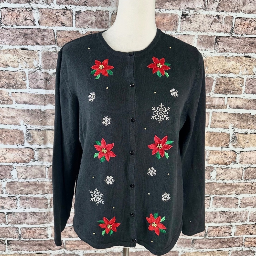 Croft & Barrow Black Christmas Poinsettia Snowflake Cardigan Sweater Women's L